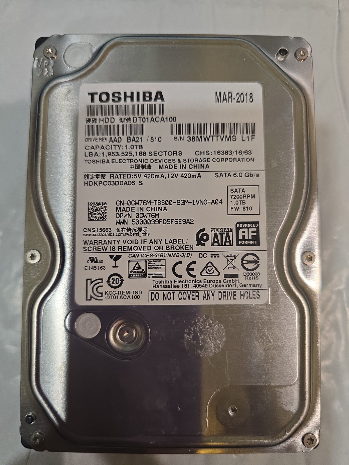 Toshiba DT01ACA100 1TB HDD SATA 7200RPM 6GBs