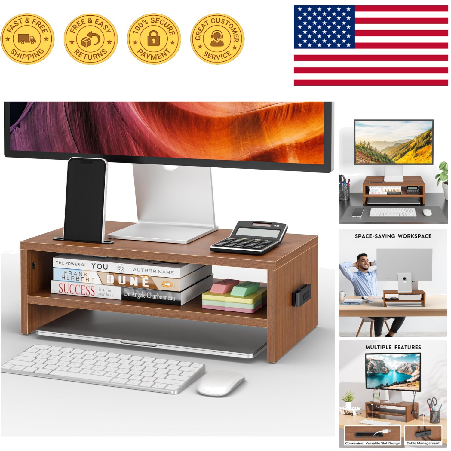 Elegant 2-Tier Walnut Monitor Stand for Ergonomic Desk Organization – 16.5 Inch