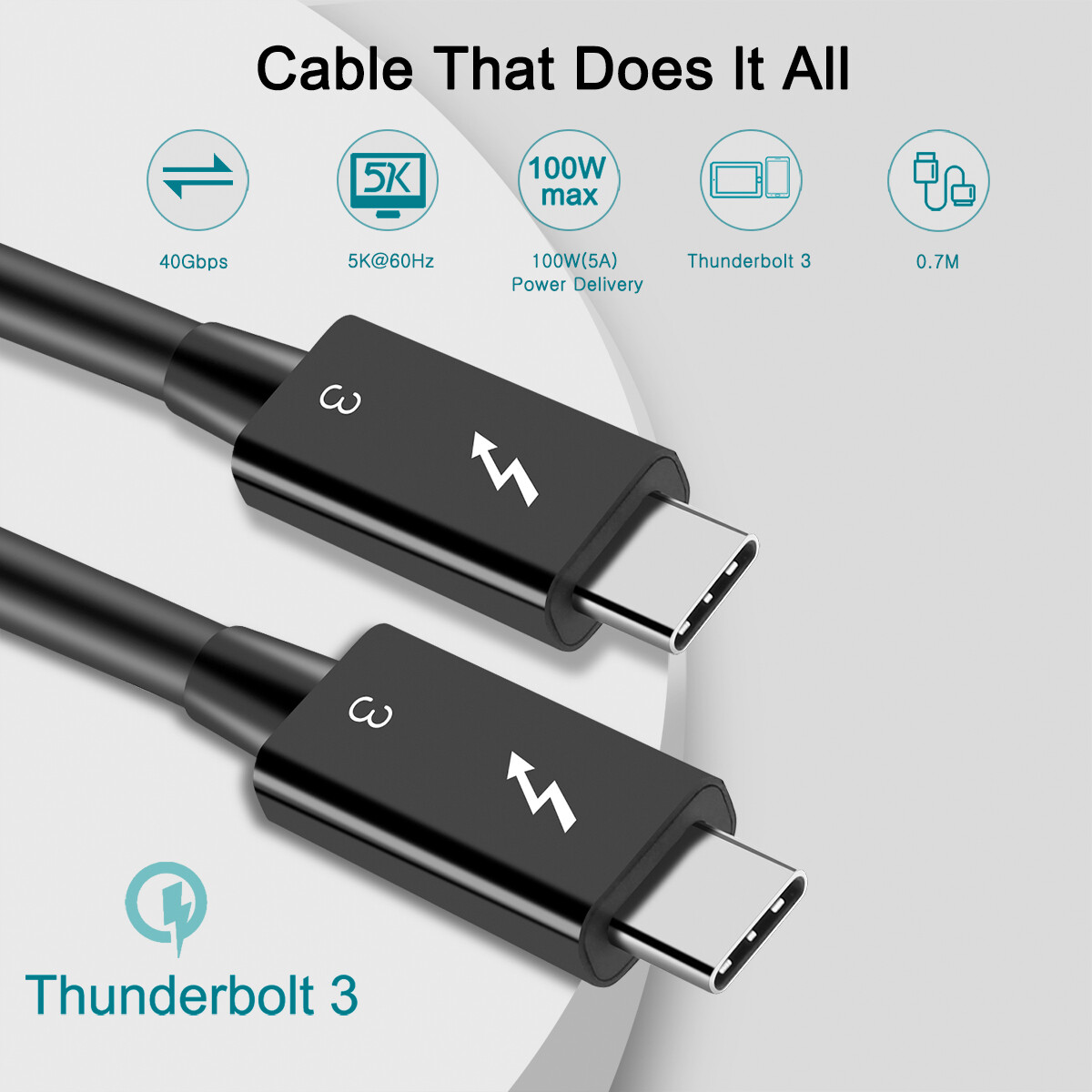 Thunderbolt 3 Cable 0.7M 40Gbps 100W 5K Fast Charging USB C Male to TB3 20V 5A