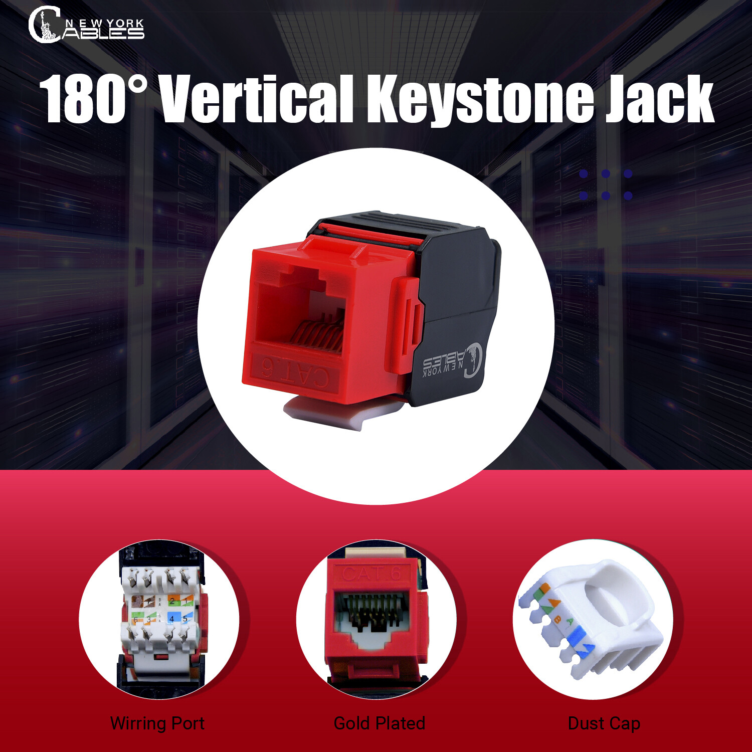 Cat6 Keystone Jack RJ45 Vertical 180 Degree Network Ethernet Adapter 10 Pack Red