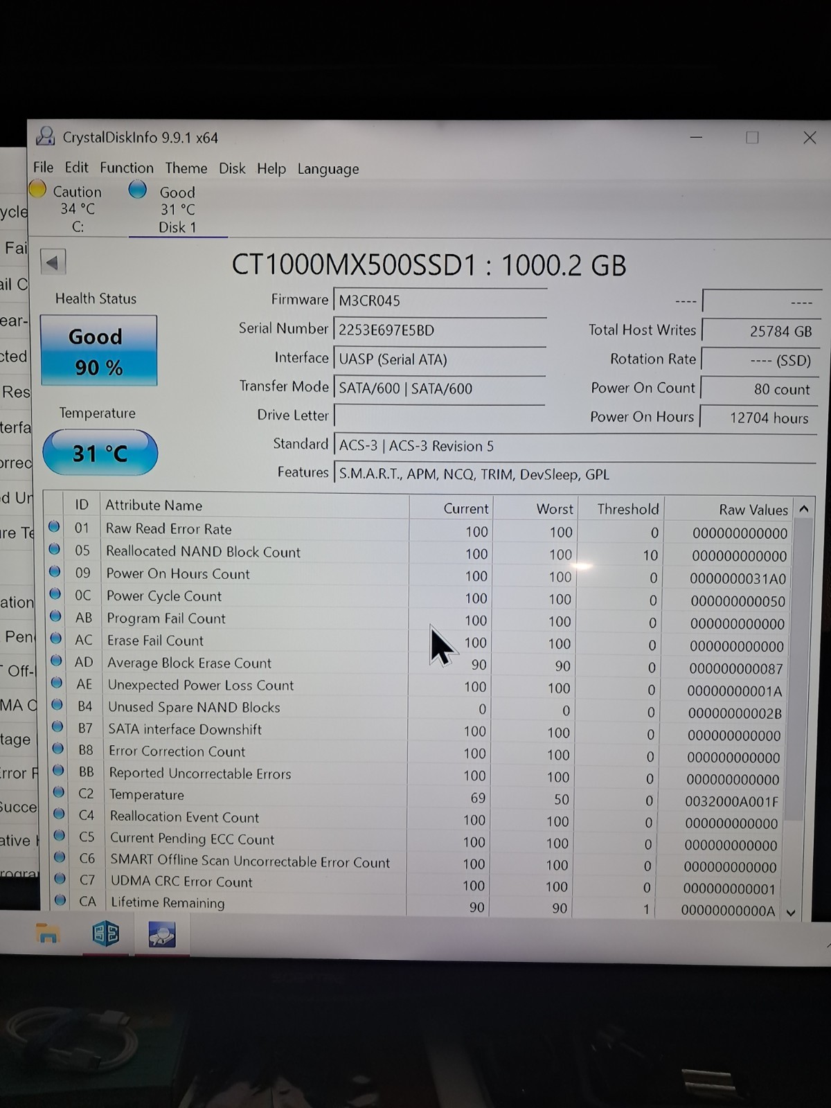 Crucial MX500 1TB 2.5″ SATA III Internal SSD – Tested 100% Functional 90% Health