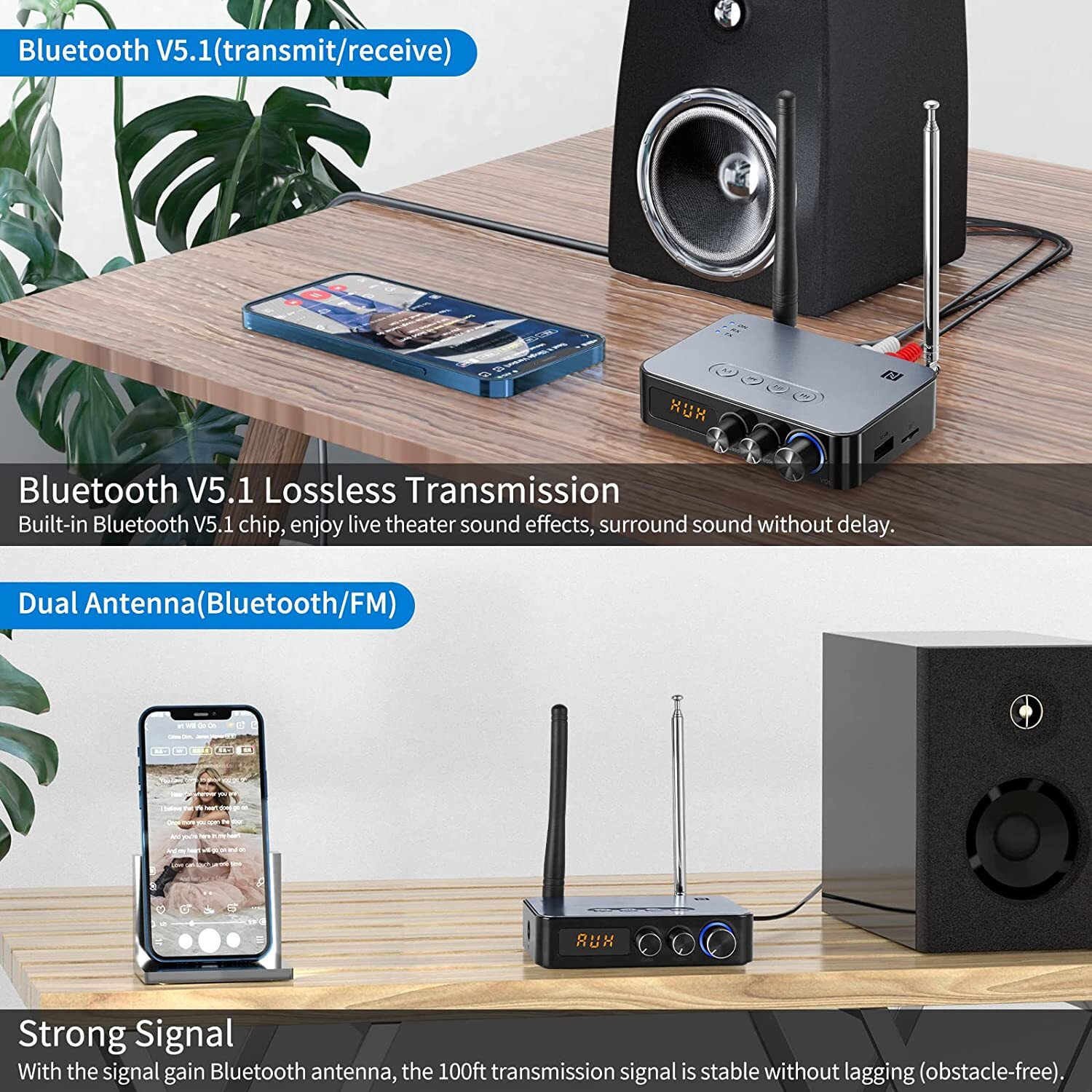 2xBluetooth 5.1 Transmitter Receiver Wireless NFC to RCA Stereo Audio Adapter US