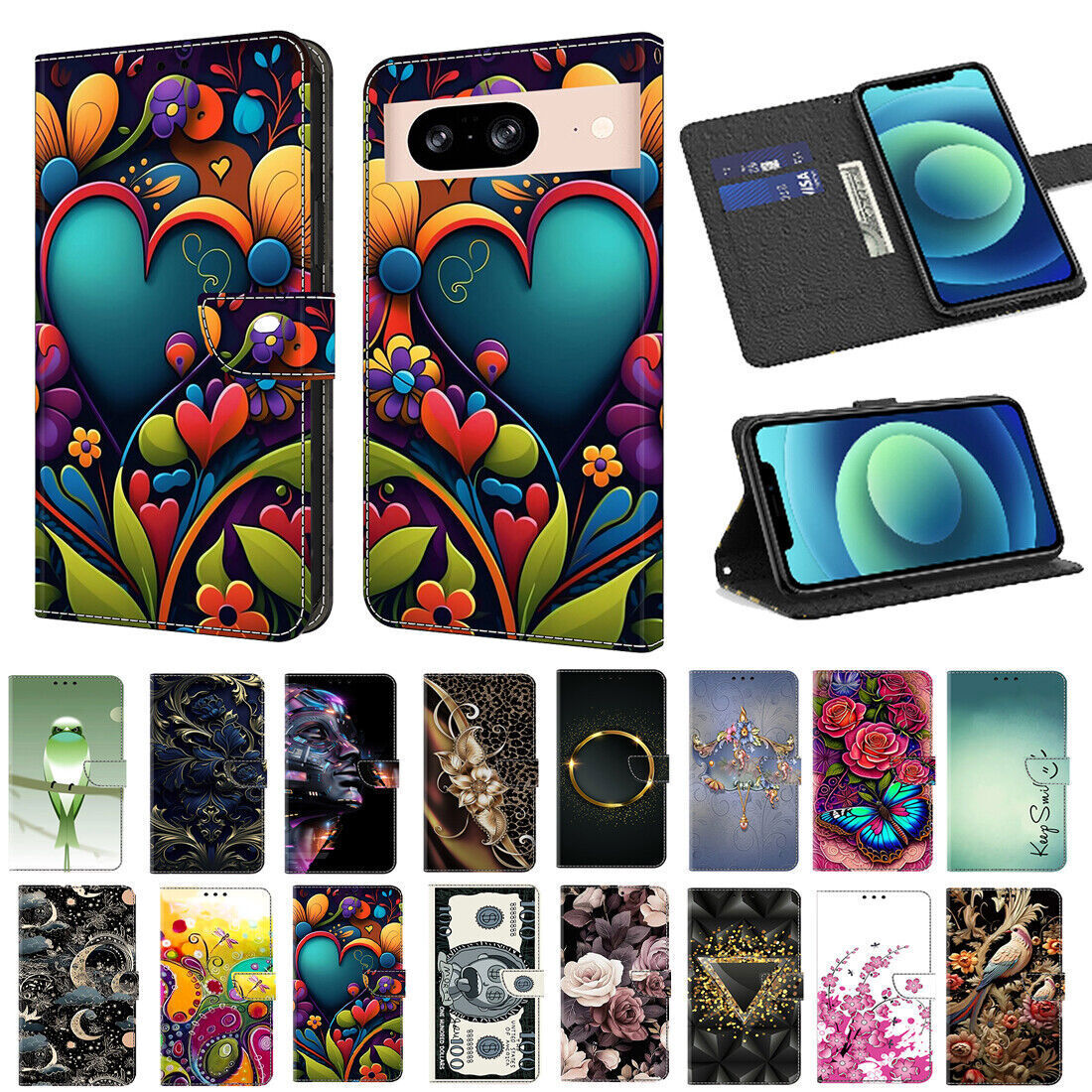 Print Flower Bird Robot Wallet Cover Case For 11 13 12 7 8 Plus Google Pixel 3A