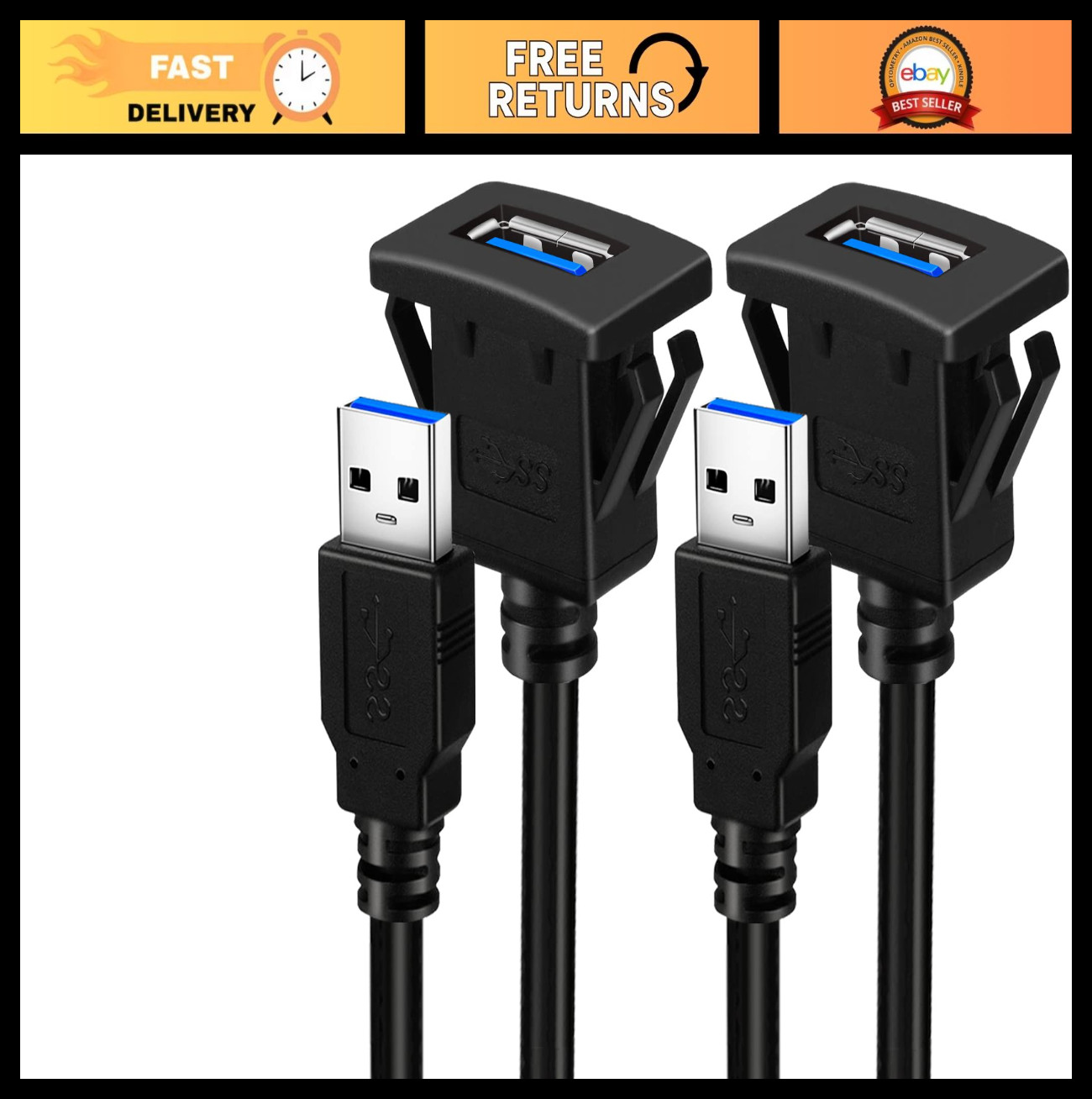 2 Pack USB 3.0 Flush Mount Extension Cable – 1ft Single Port for Car, Truck, Boa