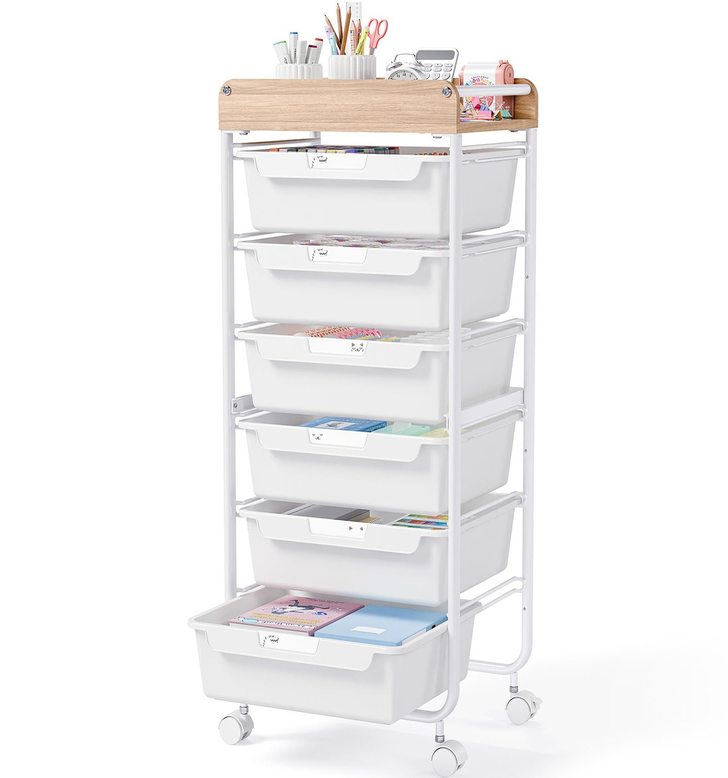 6 Drawer Rolling Cart Craft Storage Utility Organizer Wooden Top White Handle