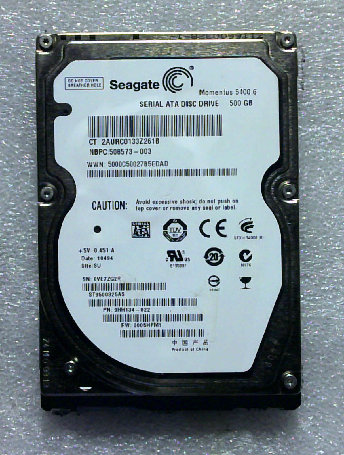 Seagate F3 – ST9500325AS – 500GB – 9HH134-022 – 5A 34 – SN: 6VE7ZG2R