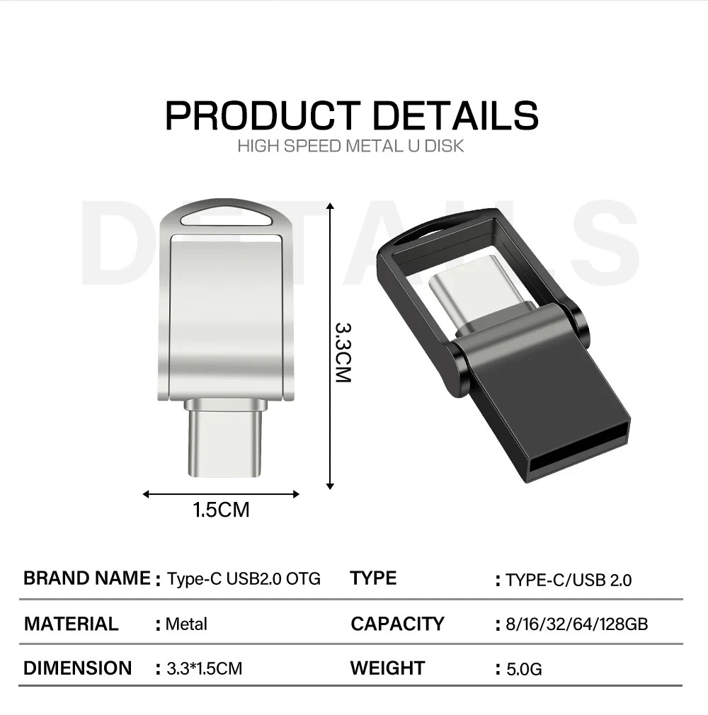 Metal USB Flash Drive 4GB 8GB 16GB Type-C OTG USB 2.0 Memory Stick Mini Pen