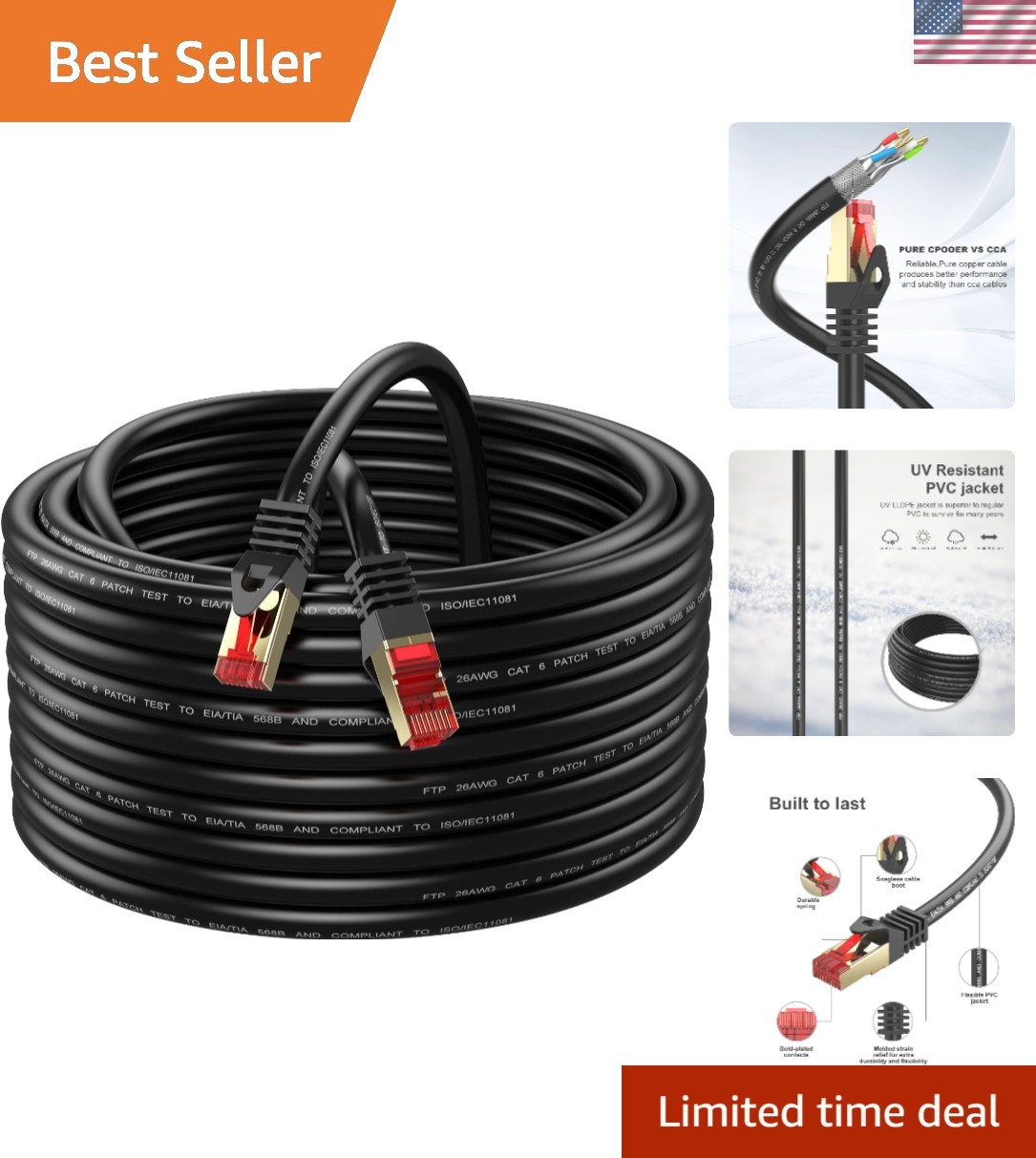 Cat6 Outdoor Ethernet Cable 150ft,Outdoor Shielded Grounded UV Resistant Wate…
