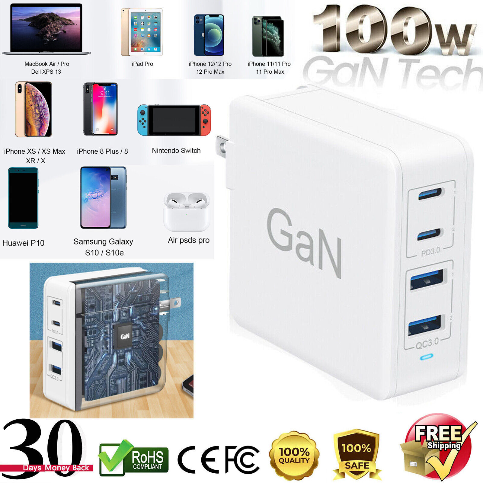 4 USB Ports Quick GaN Charger Power Adapter Power Supply Station 100W 65Watt