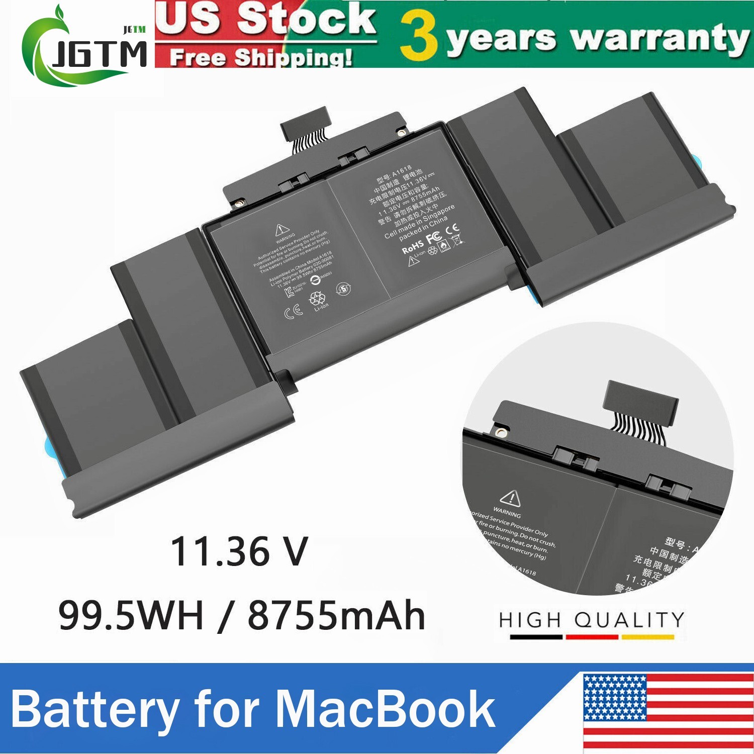A1618 Battery For MacBook Pro 15”Retina A1398 Late 2013 Mid 2014 2015 99.5Wh US
