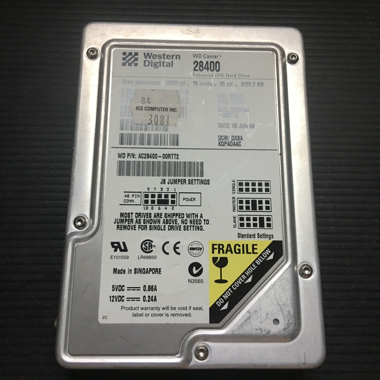 Vintage Western Digital Caviar 28400 8.45GB Enhanced IDE Hard Disk Drive