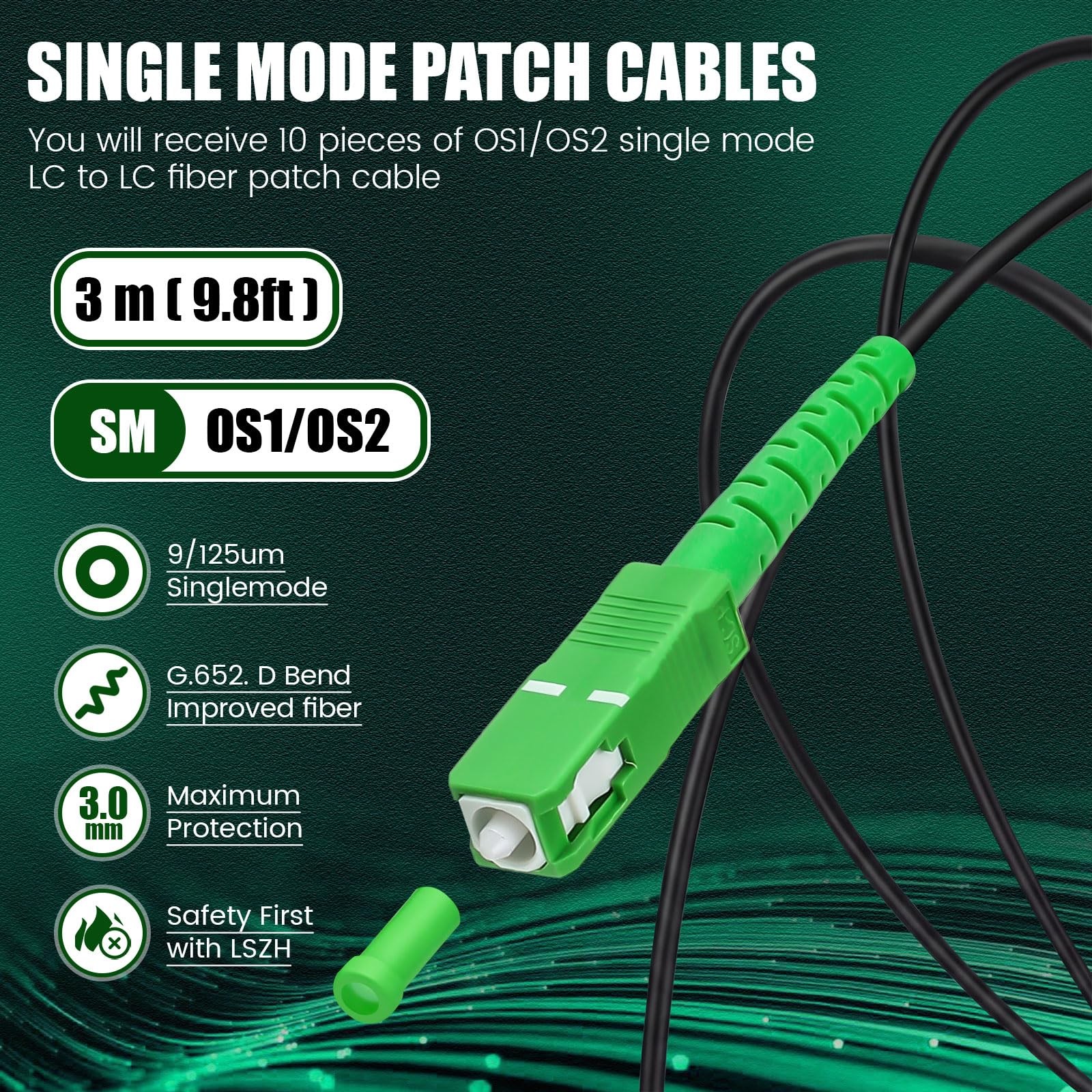 10 PCS 10FT 3M Sc/APC Fiber Optic Internet Cable Jumper 9/125um Black