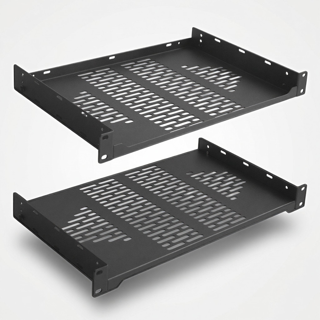 Server Rack Shelf 2 Pack 1U 19in Steel Black Perforated Vented Data Network