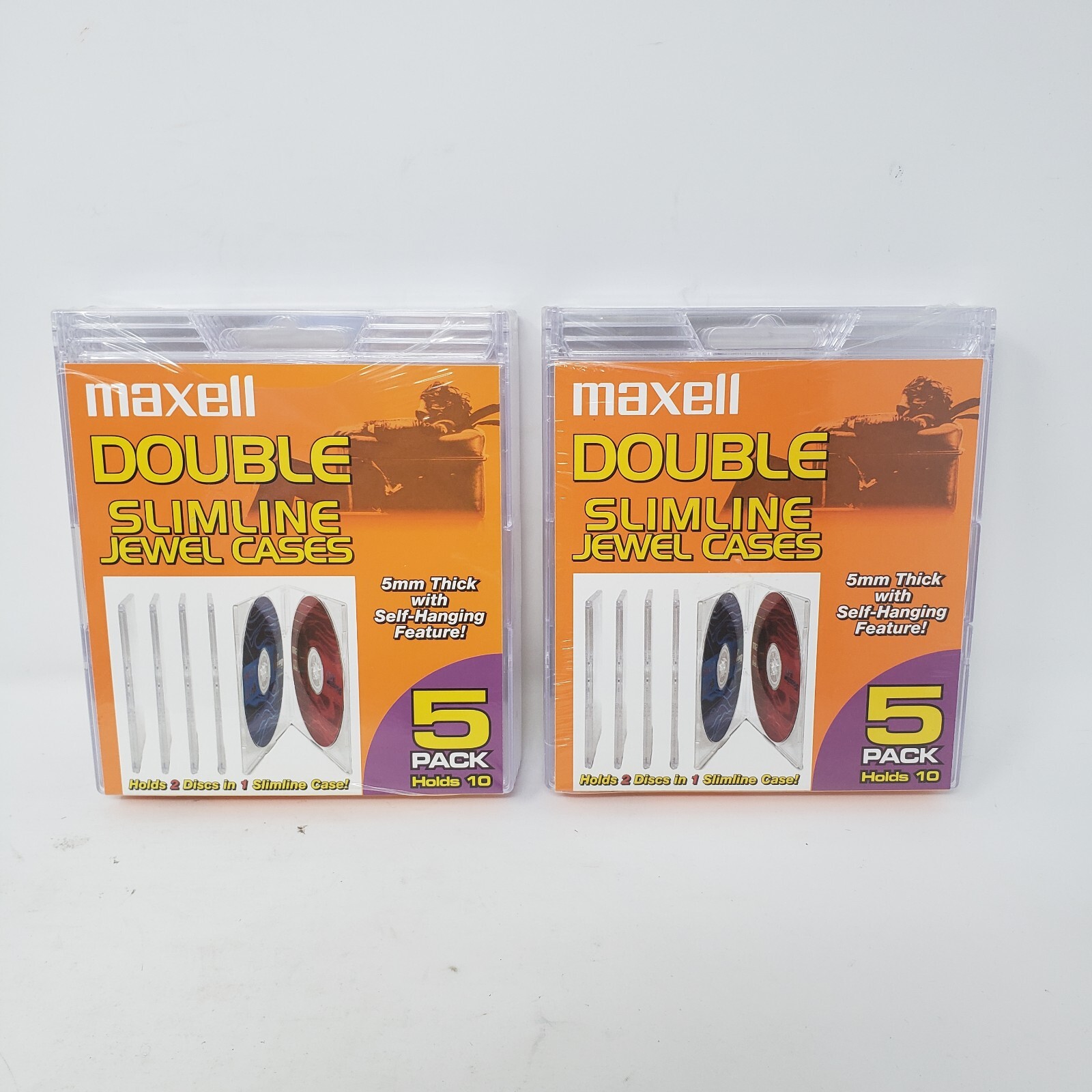 2 Pack MAXELL~DOUBLE~SLIMLINE JEWEL CASE~5 PACK HOLDS 10 DISC~NEW~W/SELF HANG