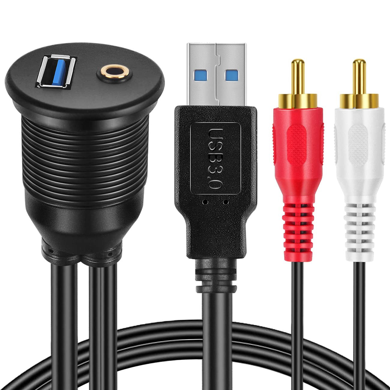 USB 3.0 and 2 RCA Male to 3.5Mm Female AUX Flush Mount Cable, 3 Ft | USB 3.0 Mal