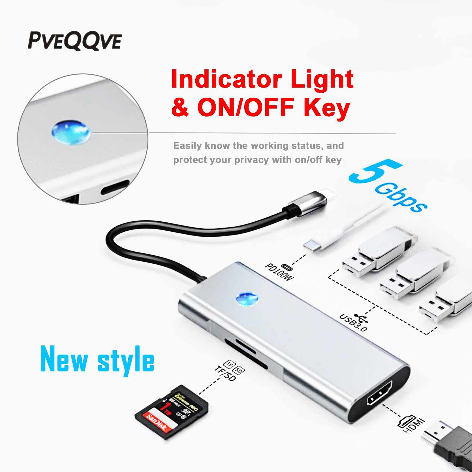 7 in 1 USB C Hub HDMI USB 3.0 5Gbps ,Type C to 4k HDMI PD 100W For Macbook ipad