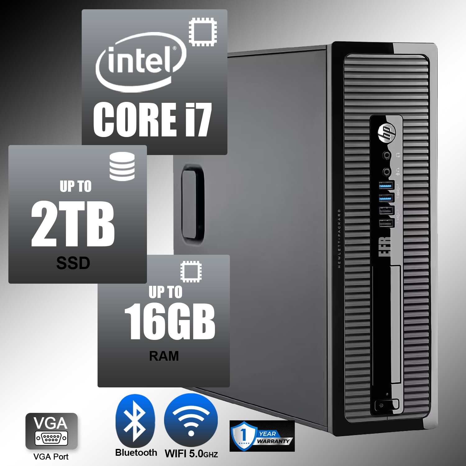 HP Desktop Computer PC i7, up to 16GB RAM, 2TB SSD, Windows 11/10, WiFi
