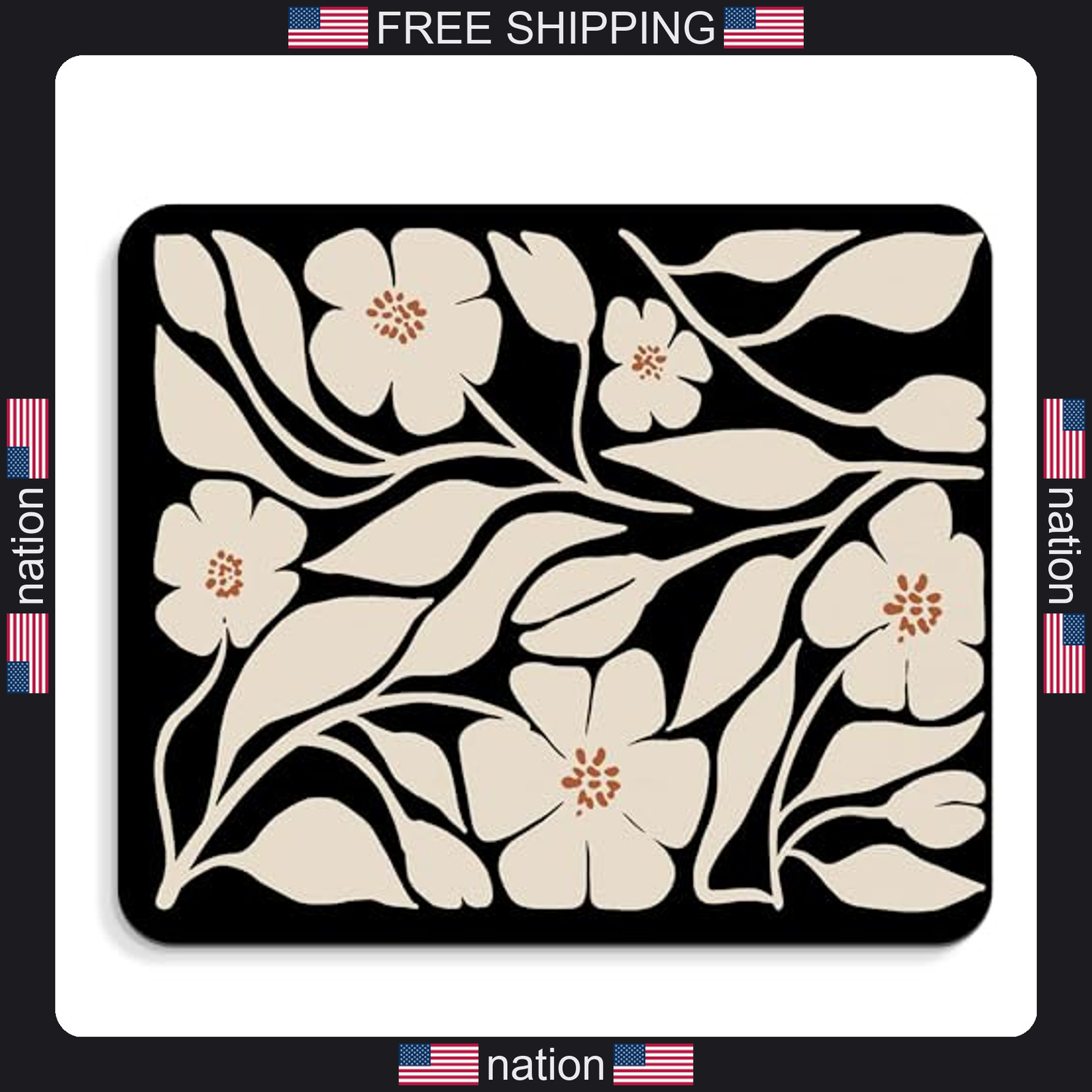 Floral Black Mouse Pad – Vintage Boho Flower Office Desk Mousepad, Black Boho