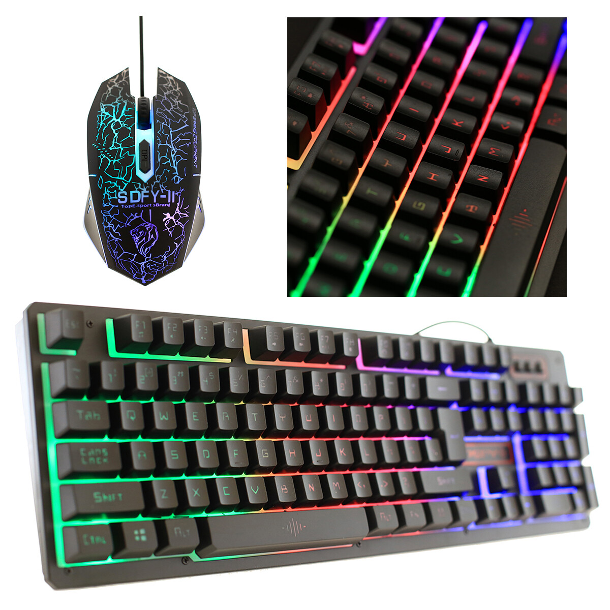 Rainbow LED Gaming Keyboard and Mouse Set Multi-Colored Backlight Mouse