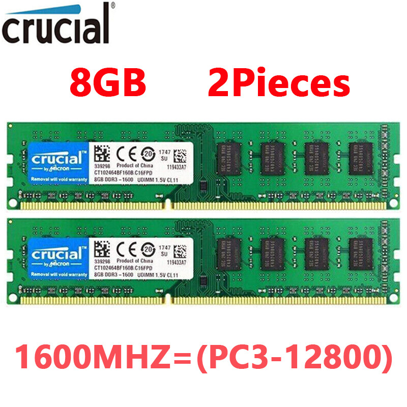 CRUCIAL DDR3 1600MHz 16GB (2x 8GB) PC3-12800 Desktop 240pin DIMM Memory RAM 16GB