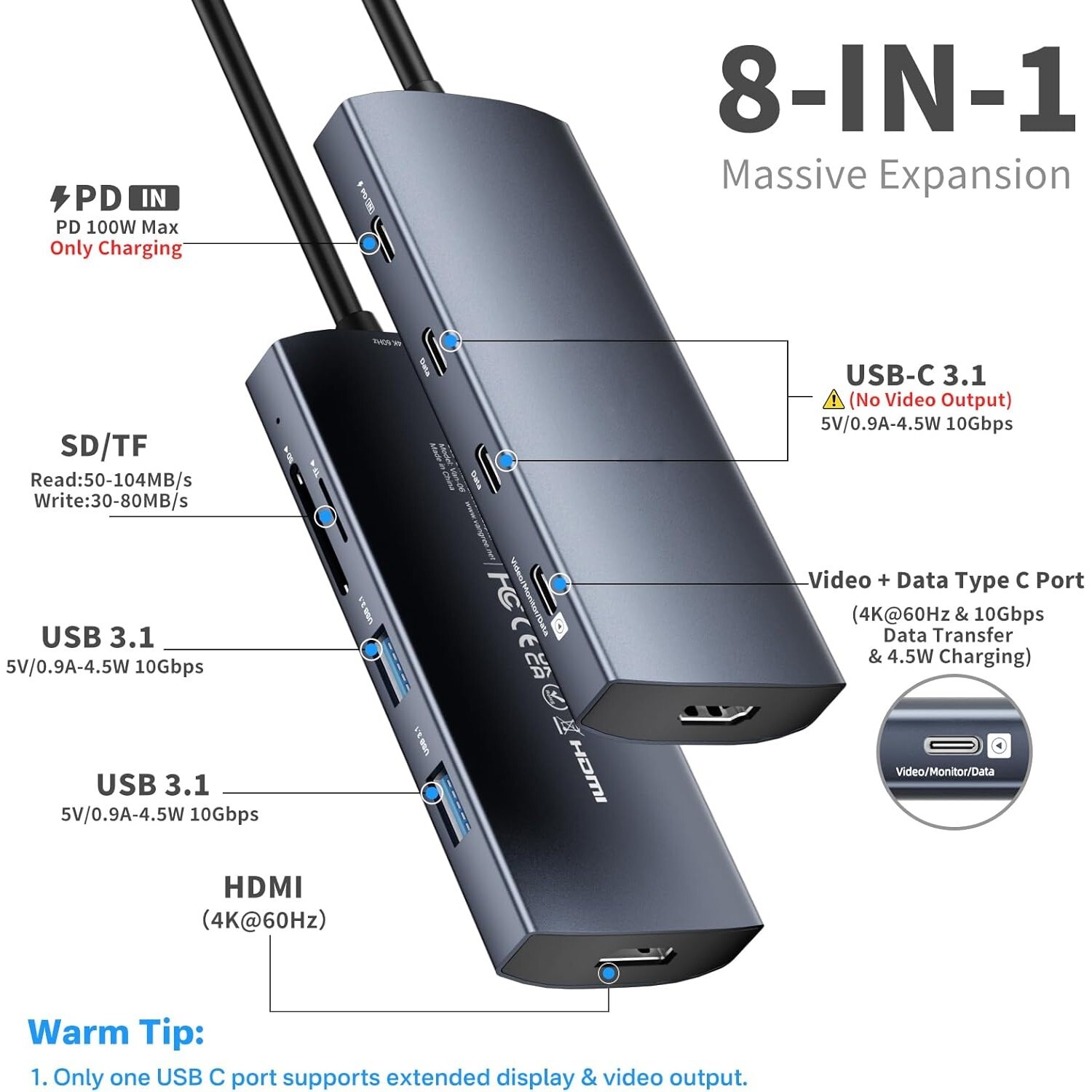USB Type C Hub to 3*USB 3.1, 4K@60Hz HDMI, 100W PD, USB-A 3.0, SD/TF Card Reader