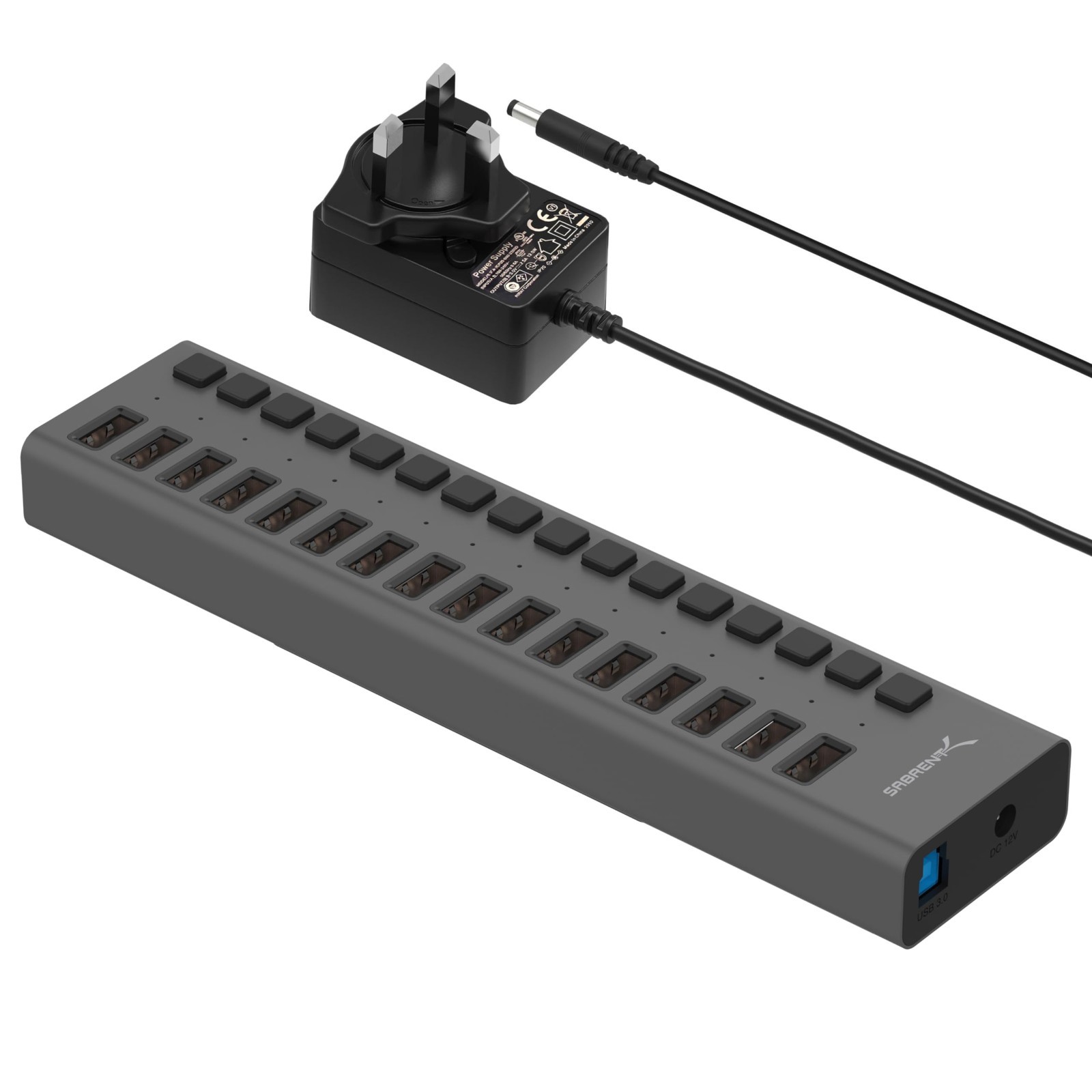 16-Port USB 3.0 Data Hub & Charger with Individual Power Switches, 90W Output