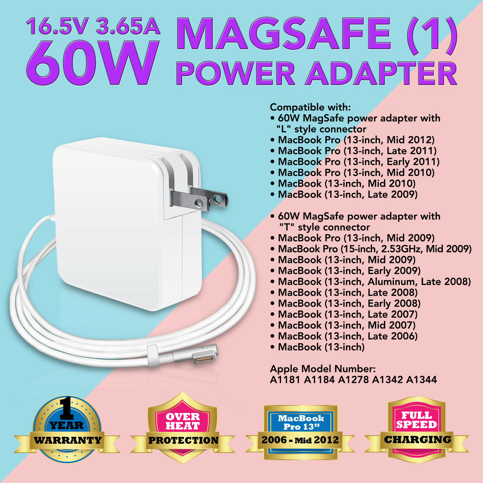 60W Charger Adapter for Apple MacBook Pro 13″ A1278 A1330 A1184 A1181 US Ship