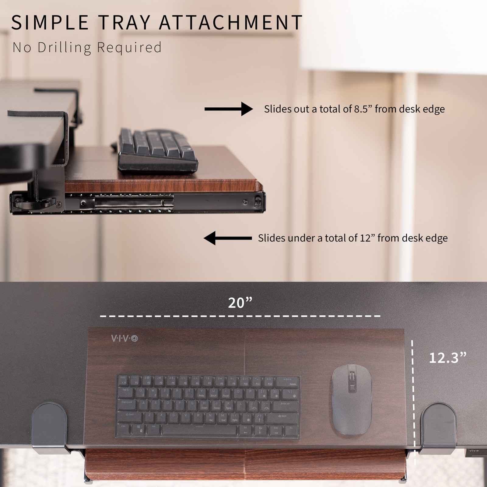 VIVO Dark Walnut Small Clamp-on Computer Keyboard & Mouse Under Desk Slider Tray