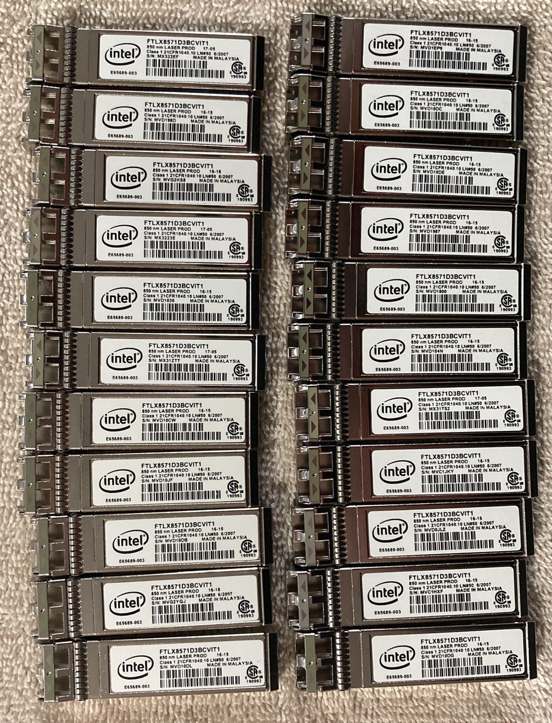 Lot of 22 Dell Intel Y3KJN FTLX8571D3BCVIT1 10GB 850nm MMF SFP+ Transceivers