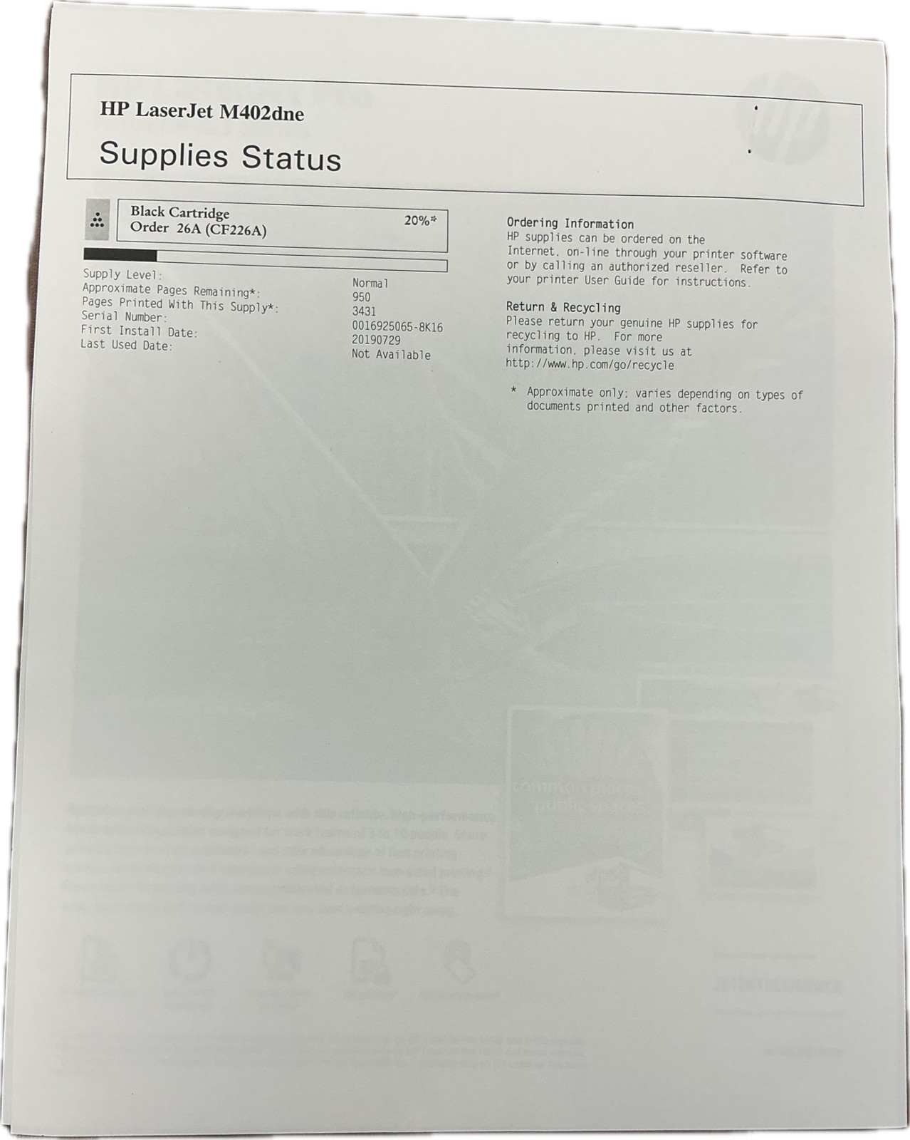 HP LaserJet M402dne Laser Printer C5J91A w/Toner