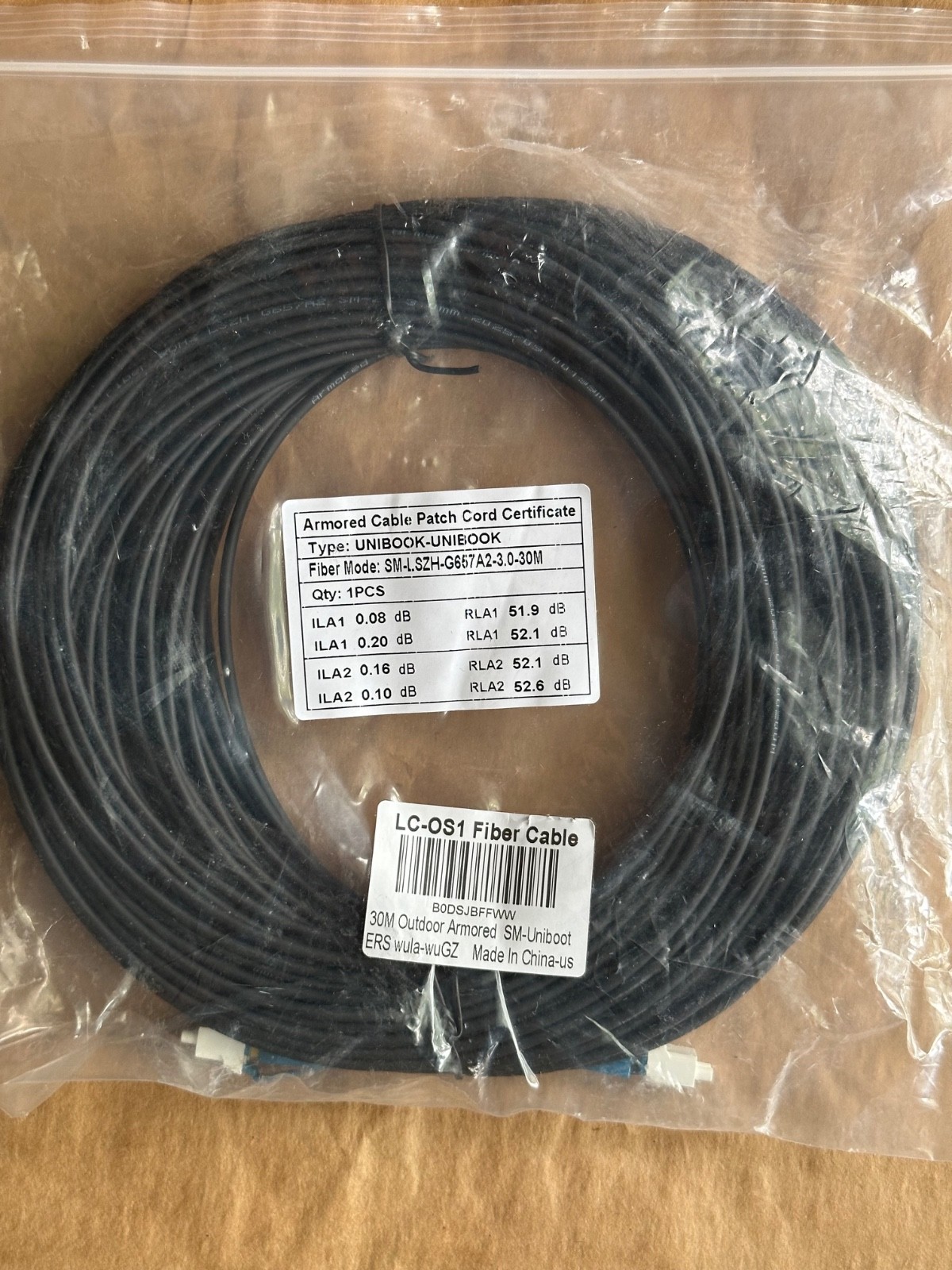 30 Meter Outdoor Armored SM-Uniboot LC-OS1 Fiber Optic Cable SM-LSZH-G657A2-3.0