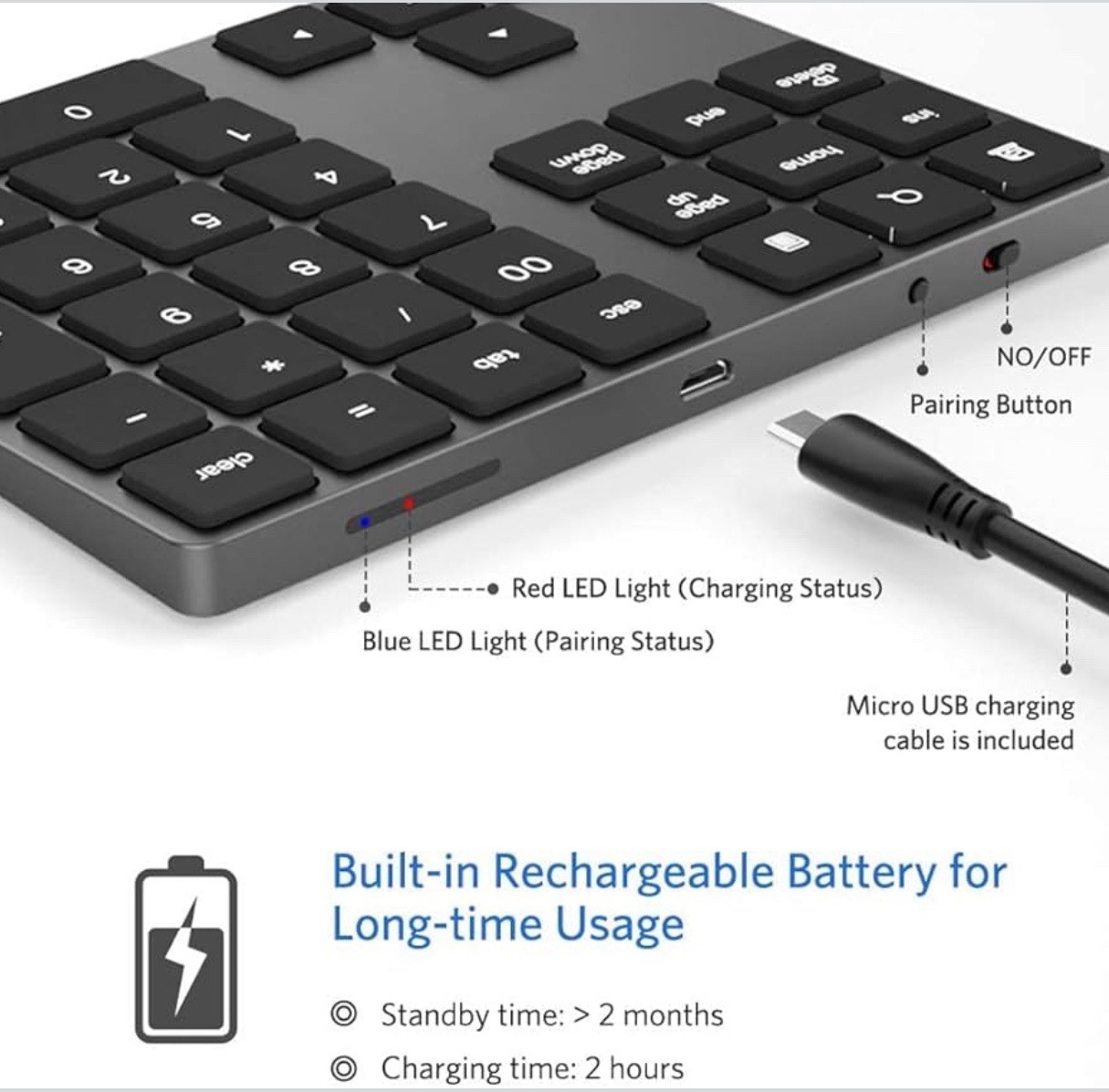 Bluetooth Number Pad Wireless Numeric Keypad USB-C Rechargeable External 34-K…