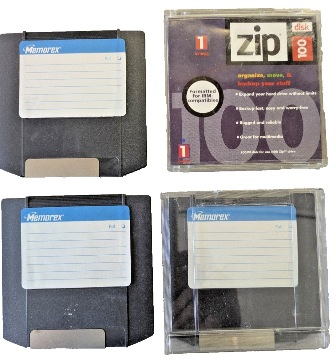 Lot of 4 iOmega Zip Disk 100 USED 100MB Storage Capacity 3 used 1 New TESTED