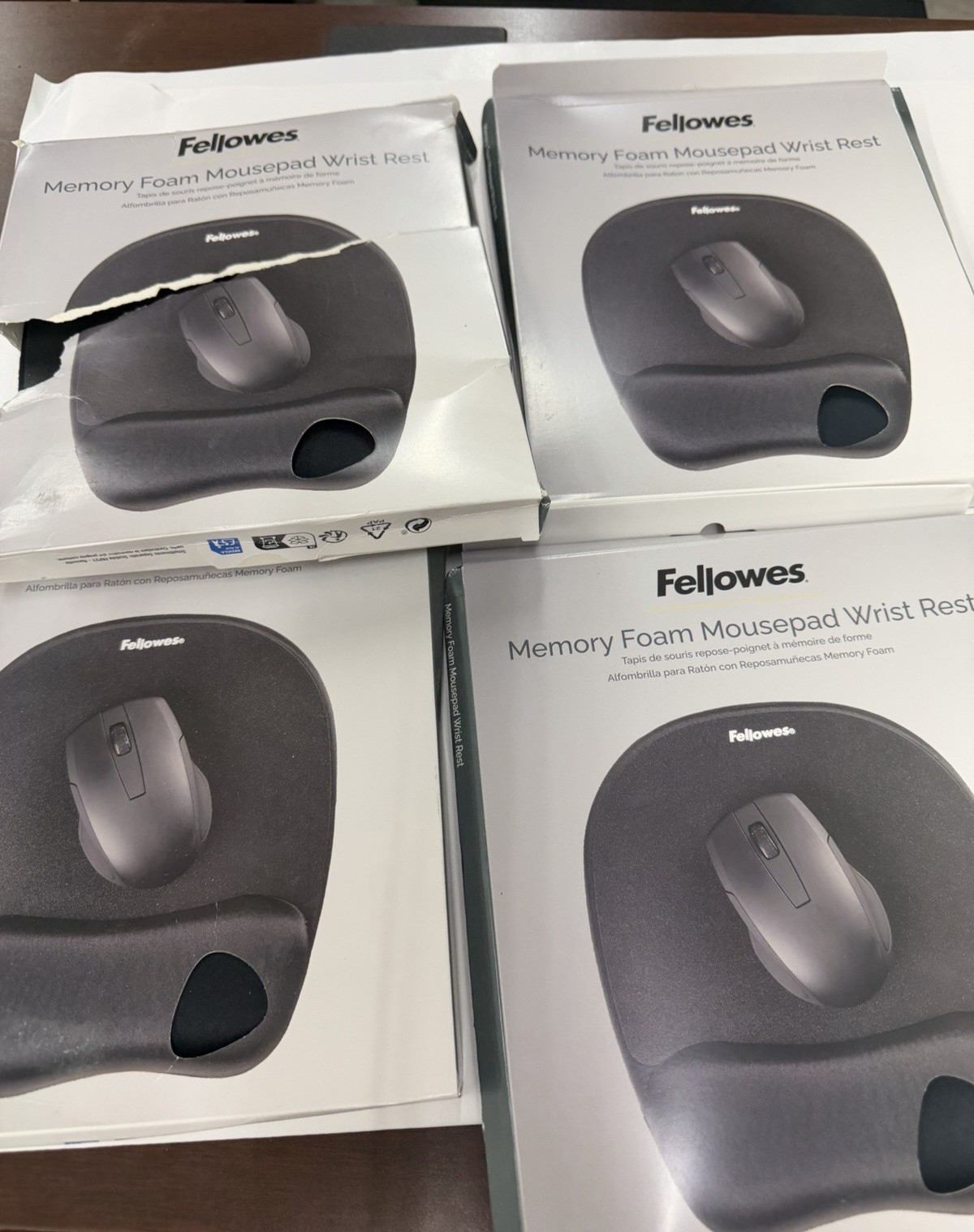 4 Fellowes 9176501 Memory Foam Mouse Pads w/ Wrist Rest Black 1″ x 7.94″ x 9.2″
