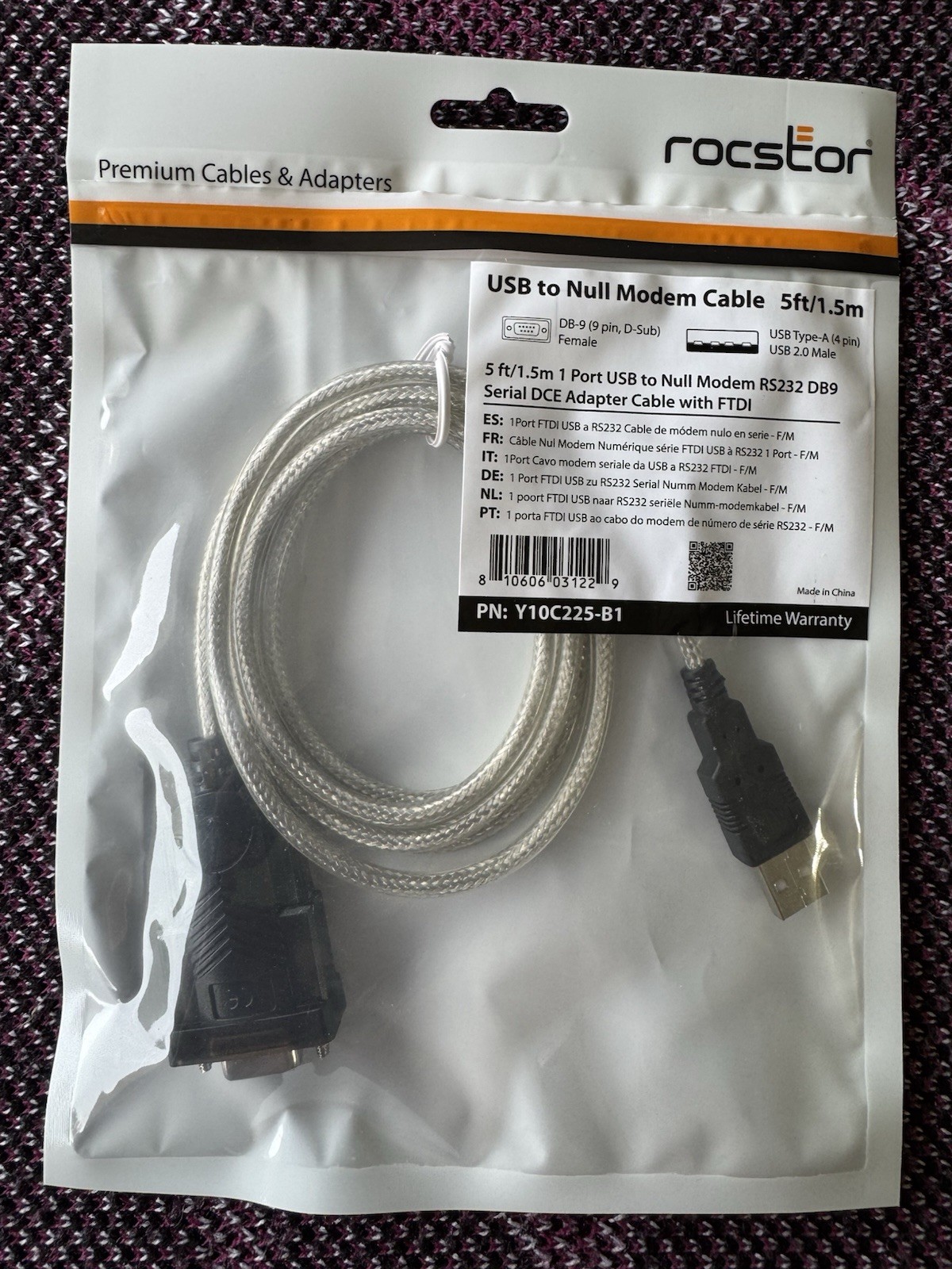 Rocstor 1 Port USB to Null Modem RS232 DB9 Serial DCE Adapter Cable W/ FTD 5ft