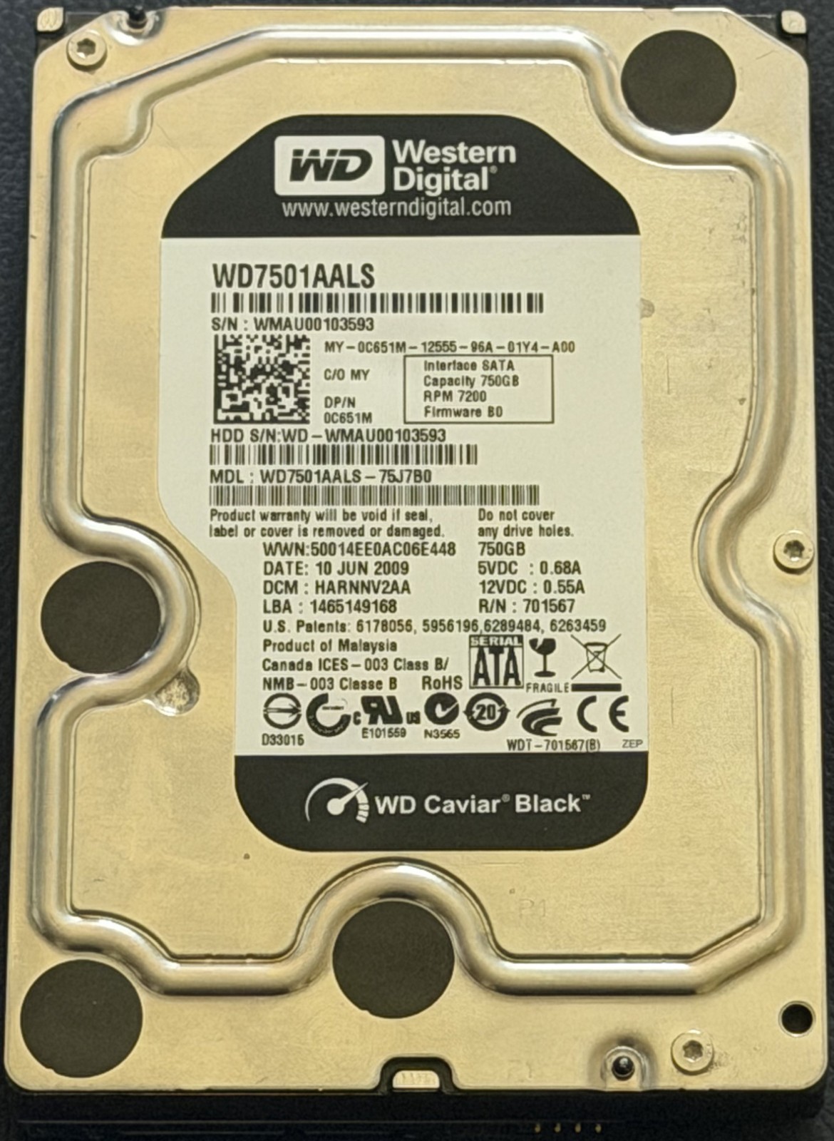 Western Digital Caviar Black 750GB 3.5″ SATA HDD WD7501AALS 100% HEALTH Good
