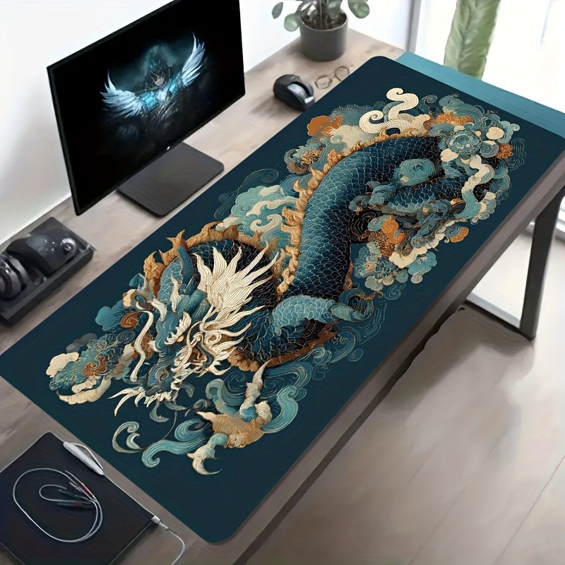 A Large Gaming Mouse Pad Featuring a Traditional Chinese Blue Dragon Design, wi