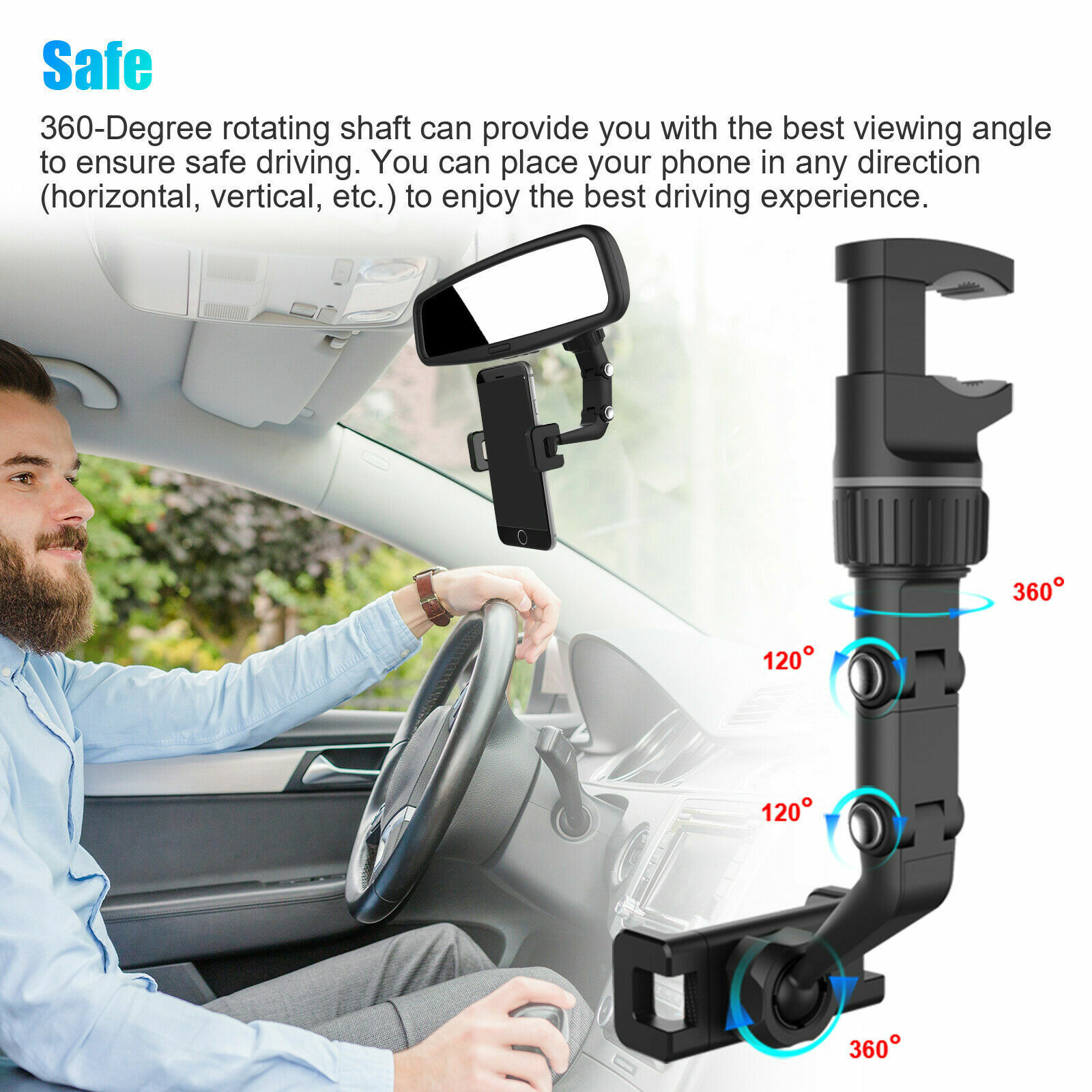 360° Rotation Car Rear View Mirror Mount Holder Stand for iPhone Android Phone