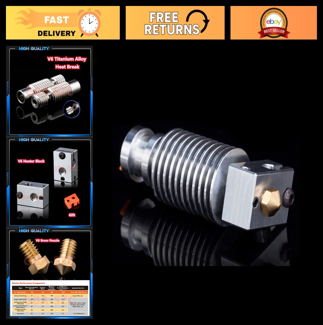 All Metal V6 Hotend Kit, J-Head, 0.4mm Brass Nozzle, Titanium Heatbreak, 3D Prin
