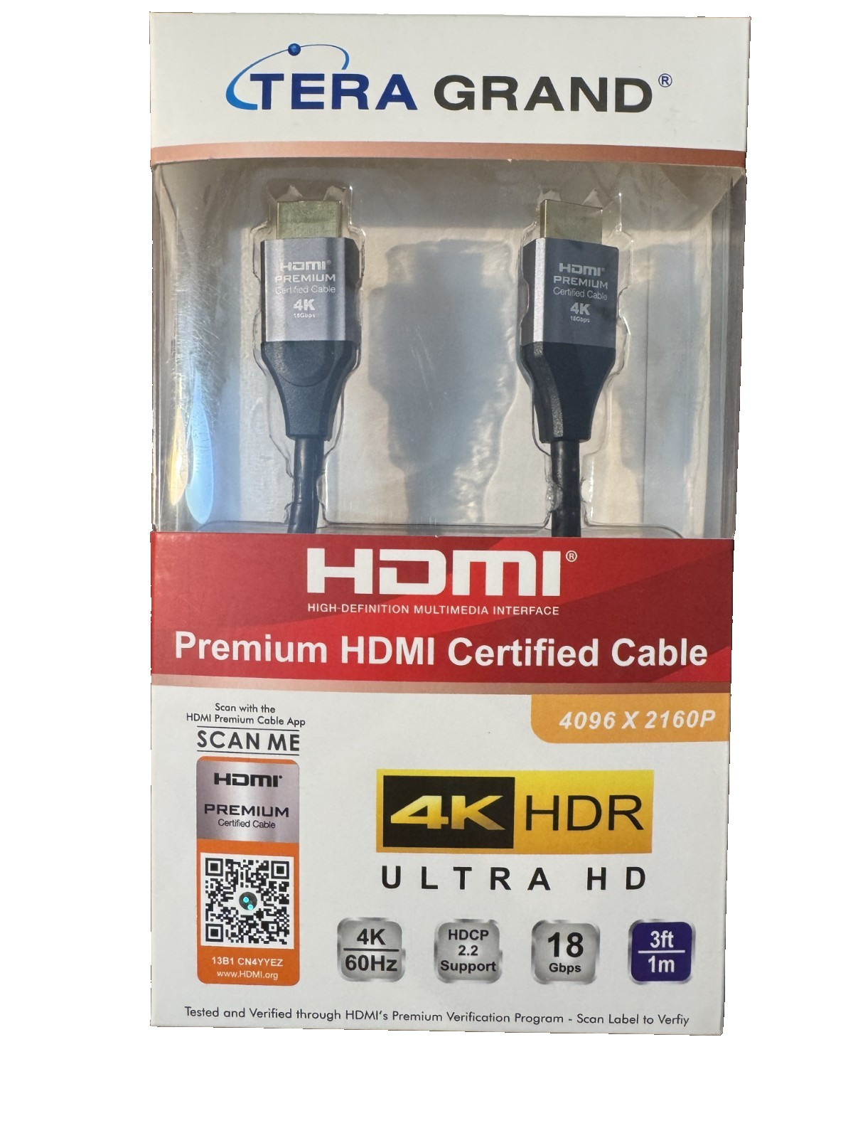 Tera Grand HDMI 4096x2160P Premium HDMI Certified Cable 4K HDR Ultra HD – 3 ft