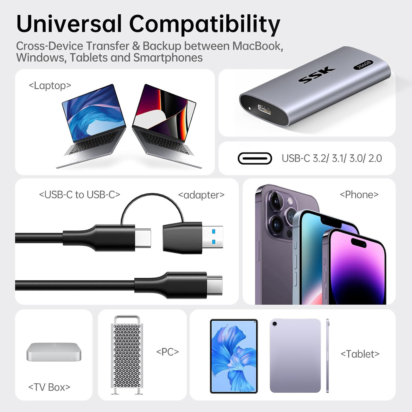 External Solid State Drive 256GB Portable SSD Up to 550MB/s USB 3.2 Gen2 for