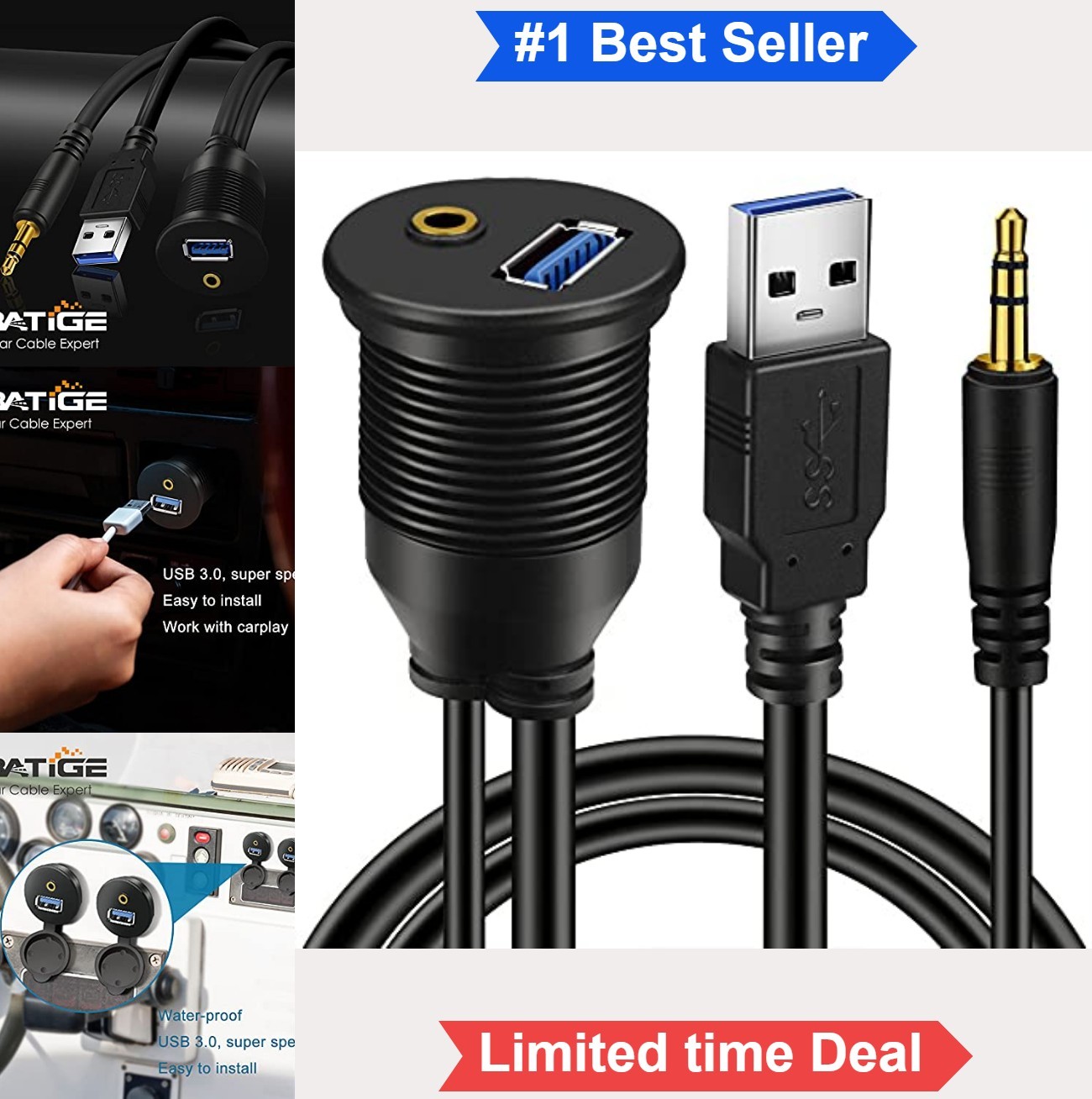 USB 3.0 3.5mm Car Mount Flush Cable AUX Extension Dash Panel Waterproof 1ft
