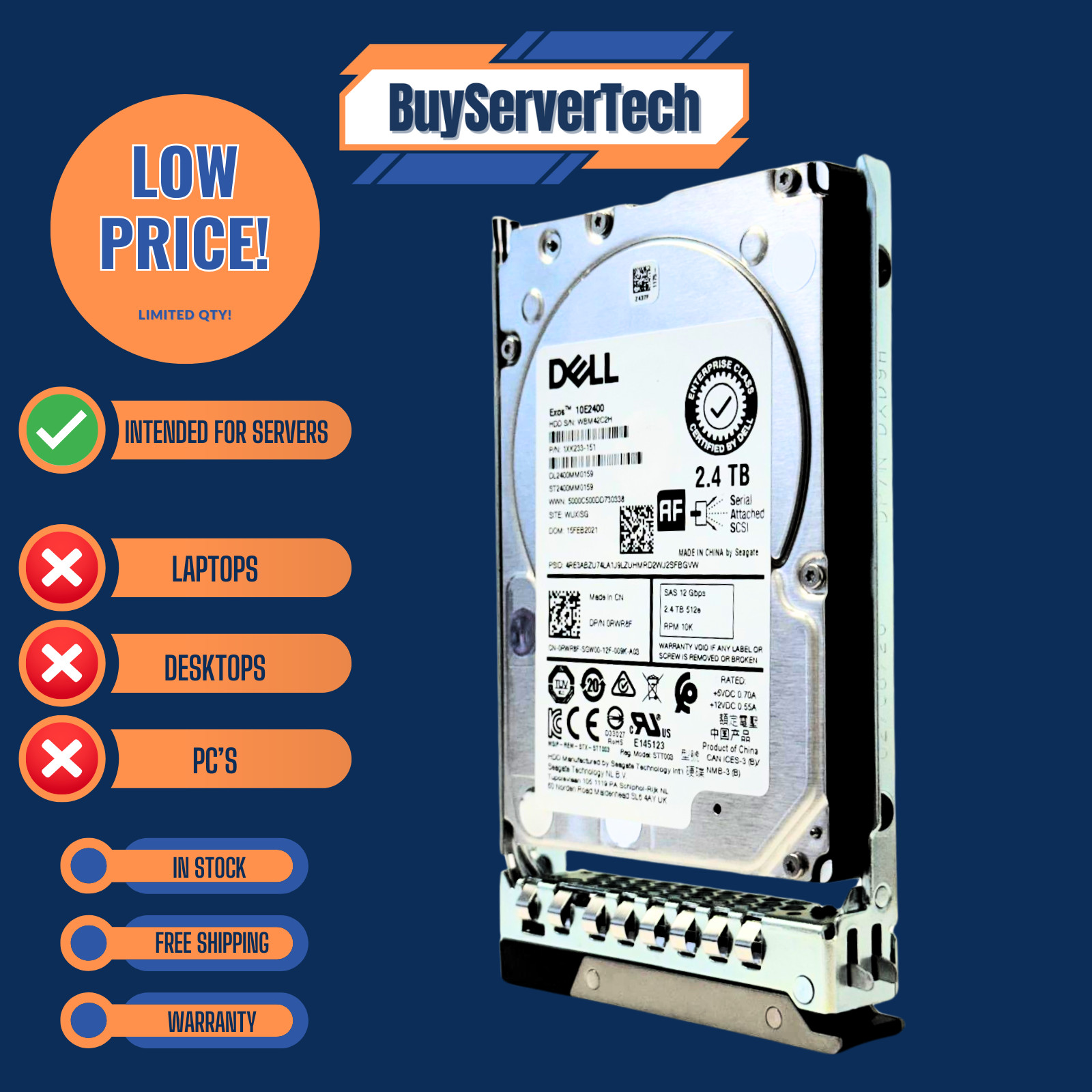 Dell RWR8F 2.4TB 10K SAS 12Gbps 2.5″ HDD ST2400MM0159 256MB Cache 0HRS + 2YR WTY