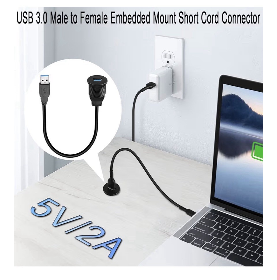 BATIGE Single Port USB 3.0 Male to Female AUX Car Mount Flush Cable 1ft
