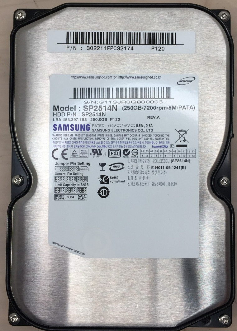 Samsung 250GB SP2514N PATA IDE 3.5″ HDD Hard Drive 7200 RPM 8Mb SpinPoint P120