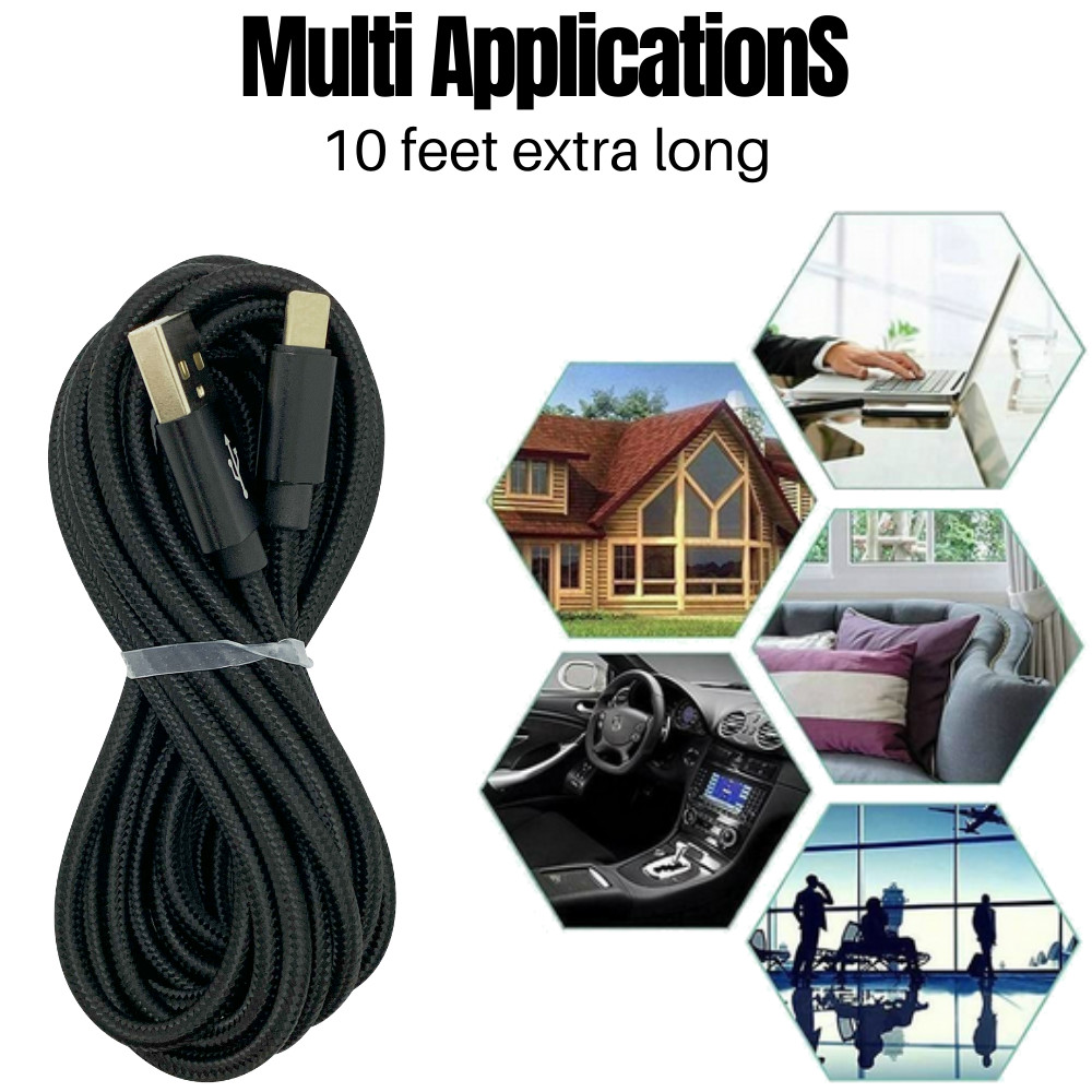 10Ft Long USB Fast Charger Cable For iPhone 14 13 12 11 8 Braided Charging Cord