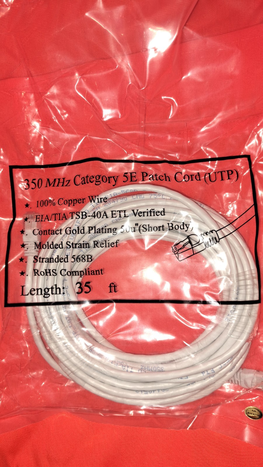 Cat 5e Patch Cord Cable 35ft 100% Copper 350MHz UTP 35 Ft + Mounts & Ties New