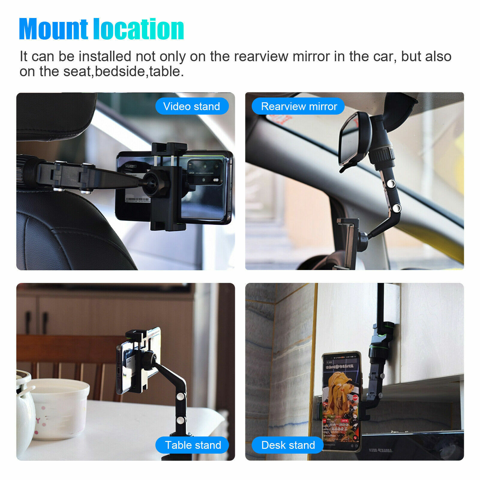 360° Rotation Car Rear View Mirror Mount Holder Stand for iPhone Android Phone