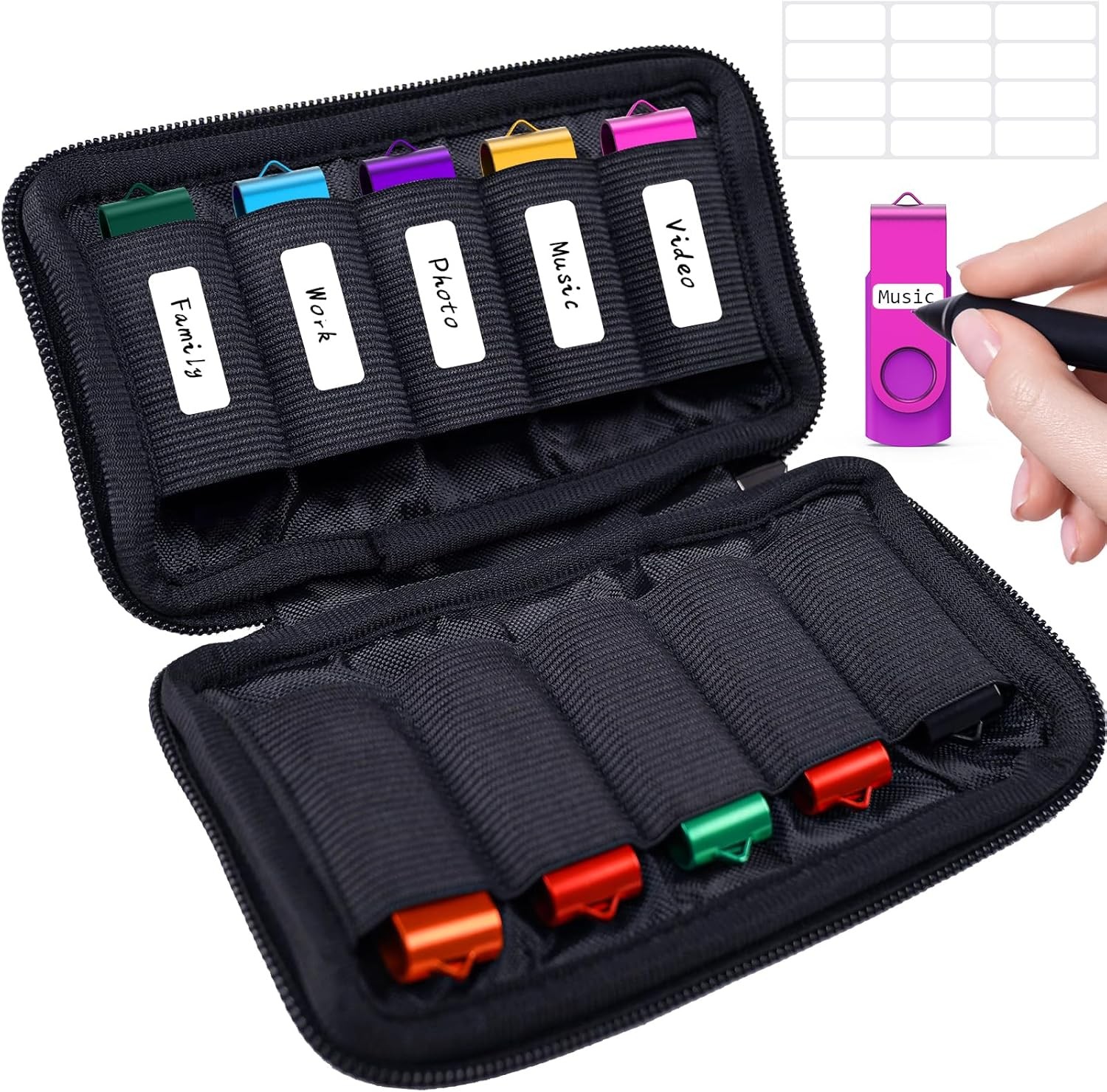 Flash Drive Case, USB Holder, Storage Bag for Thumb 10 Slots, Black
