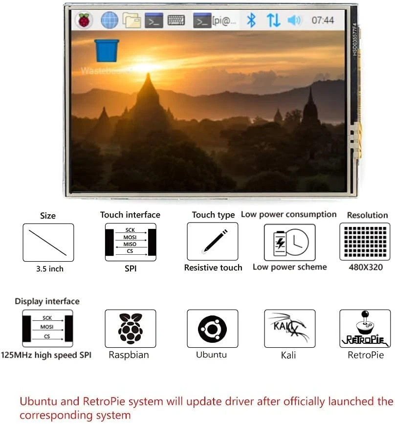 For Raspberry Pi 4 TFT 3.5 Inch Touch Screen with Case, Mini Cooling Fan and Hea